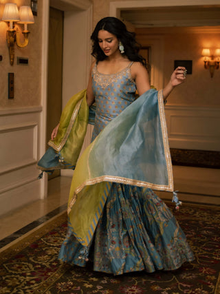 Misty blue and green sharara set