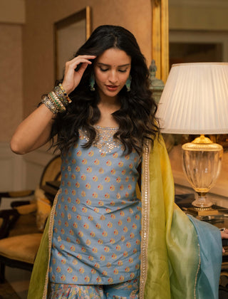 Misty blue and green sharara set