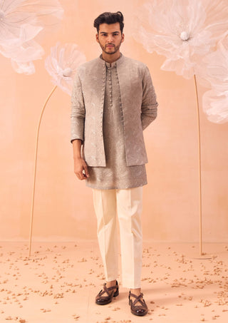 Misty Olive Open Jacket And Kurta Set by Contrast By Parth, available on Indiaspopup.com