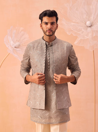 Misty Olive Open Jacket And Kurta Set by Contrast By Parth, available on Indiaspopup.com