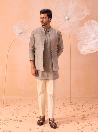 Misty Olive Open Jacket And Kurta Set by Contrast By Parth, available on Indiaspopup.com