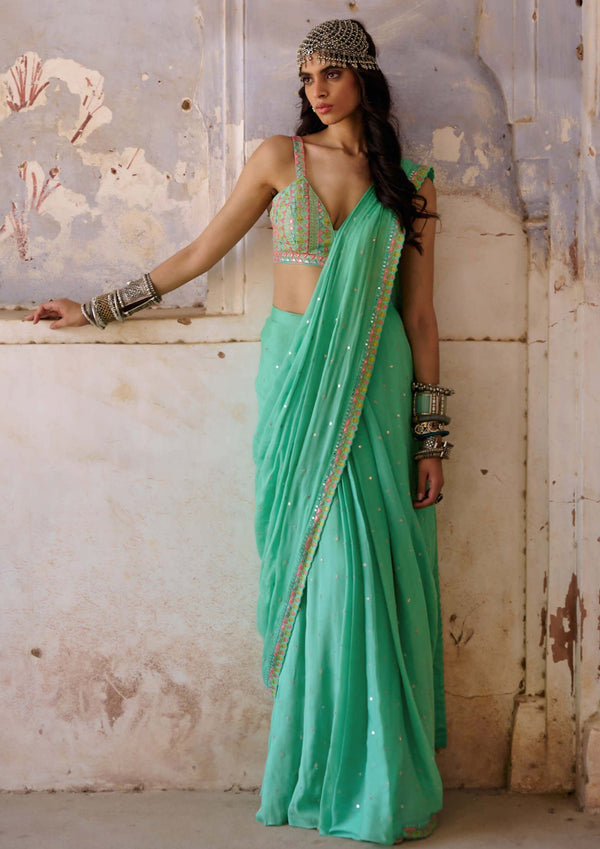 Sage Green Embroidered Saree with Kacchi Work - Urban Womania