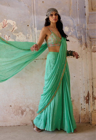 Chamee And Palak-Maria Sage Green Sari And Blouse-INDIASPOPUP.COM