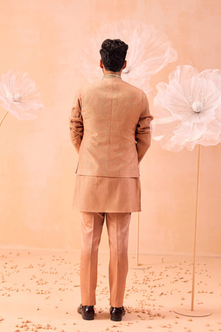 Rose Brown Nehru Jacket And Kurta Set by Contrast By Parth, available on Indiaspopup.com