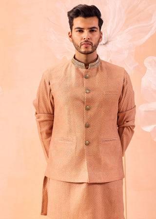 Rose Brown Nehru Jacket And Kurta Set by Contrast By Parth, available on Indiaspopup.com