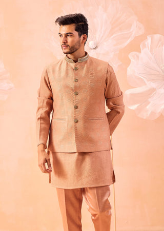 Rose Brown Nehru Jacket And Kurta Set by Contrast By Parth, available on Indiaspopup.com