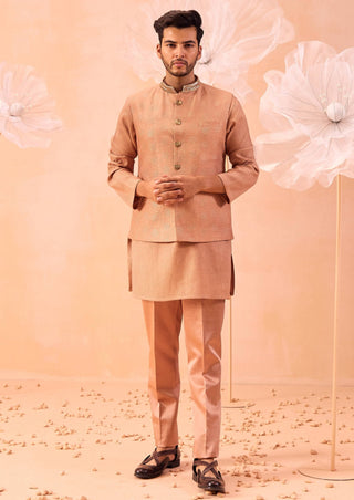 Rose Brown Nehru Jacket And Kurta Set by Contrast By Parth, available on Indiaspopup.com