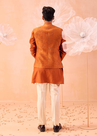 Burnt Orange Nehru Jacket And Kurta Set by Contrast By Parth, available on Indiaspopup.com