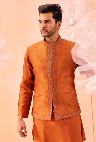 Burnt Orange Nehru Jacket And Kurta Set by Contrast By Parth, available on Indiaspopup.com