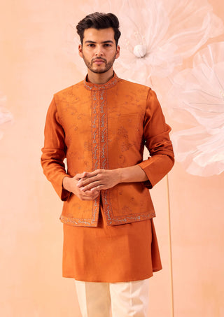 Burnt Orange Nehru Jacket And Kurta Set by Contrast By Parth, available on Indiaspopup.com