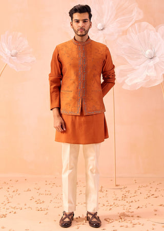 Burnt Orange Nehru Jacket And Kurta Set by Contrast By Parth, available on Indiaspopup.com