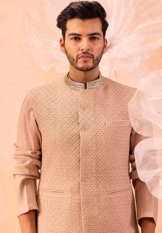 Nargis Rose Gold Nehru Jacket And Kurta Set by Contrast By Parth, available on Indiaspopup.com