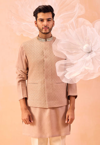 Nargis Rose Gold Nehru Jacket And Kurta Set by Contrast By Parth, available on Indiaspopup.com