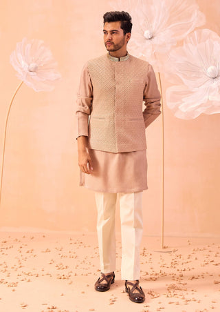 Nargis Rose Gold Nehru Jacket And Kurta Set by Contrast By Parth, available on Indiaspopup.com