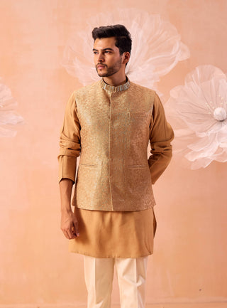 Khwaab Tonal Bundi Jacket And Kurta Set by Contrast By Parth, available on Indiaspopup.com