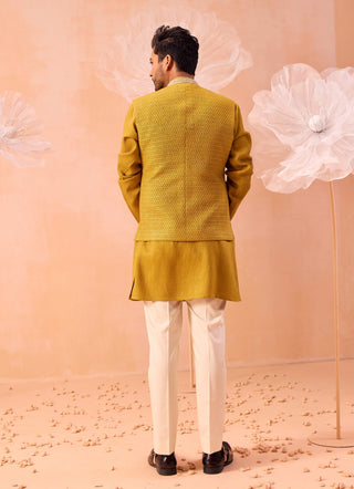 Mustard Quartz Nehru Jacket And Kurta Set by Contrast By Parth, available on Indiaspopup.com