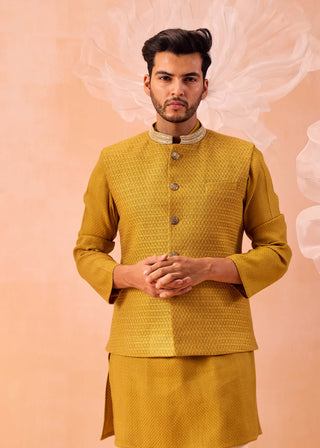 Mustard Quartz Nehru Jacket And Kurta Set by Contrast By Parth, available on Indiaspopup.com