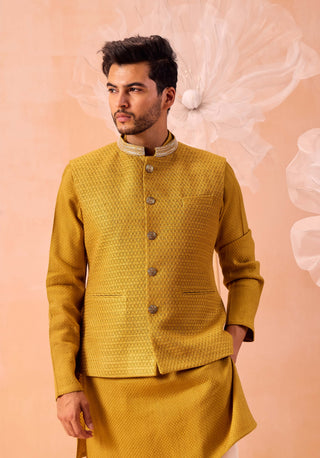 Mustard Quartz Nehru Jacket And Kurta Set by Contrast By Parth, available on Indiaspopup.com