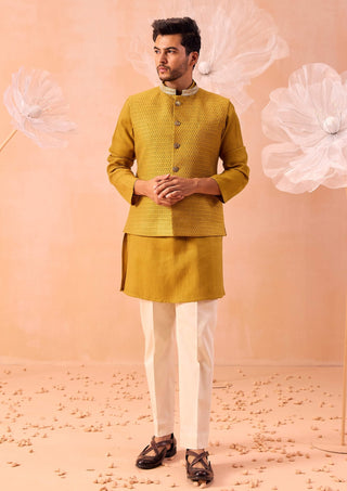 Mustard Quartz Nehru Jacket And Kurta Set by Contrast By Parth, available on Indiaspopup.com