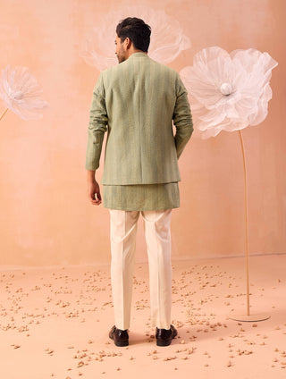 Salmon Green Open Jacket And Kurta Set by Contrast By Parth, available on Indiaspopup.com