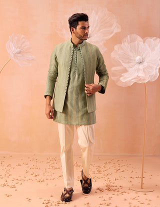 Salmon Green Open Jacket And Kurta Set by Contrast By Parth, available on Indiaspopup.com