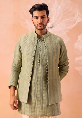 Salmon Green Open Jacket And Kurta Set by Contrast By Parth, available on Indiaspopup.com