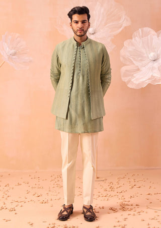 Salmon Green Open Jacket And Kurta Set by Contrast By Parth, available on Indiaspopup.com