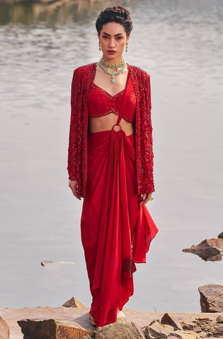 Red drape sari and blazer set