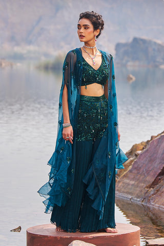 Nidhika Shekhar-Bottle Green Embellished Sharara And Cape Set-INDIASPOPUP.COM