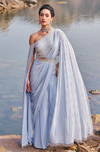 Aqua drape embellished sari and cape set