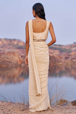 Nidhika Shekhar-Gold Tone Drape Sari And Cape Set-INDIASPOPUP.COM
