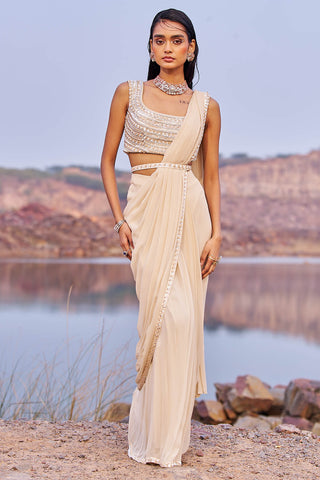 Nidhika Shekhar-Gold Tone Drape Sari Set-INDIASPOPUP.COM