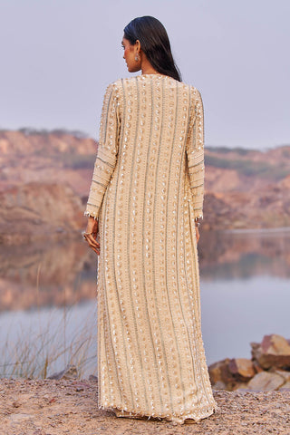 Nidhika Shekhar-Gold Tone Drape Sari And Cape Set-INDIASPOPUP.COM