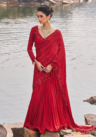 Nidhika Shekhar-Red Fish Cut Sari And Blouse-INDIASPOPUP.COM