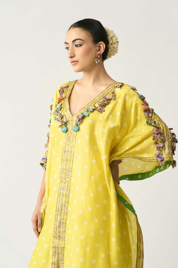Babita peela bandhani kaftan and pants