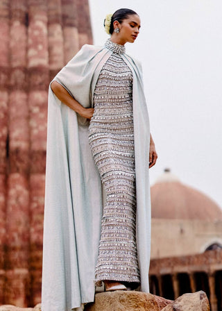 Itrh Soma Cascade Silver Stone Dress And White Cape available on indiaspopup