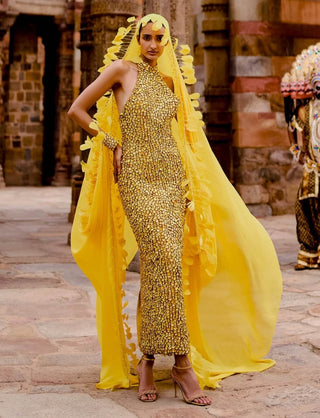 Sonee yellow stone gown and cape