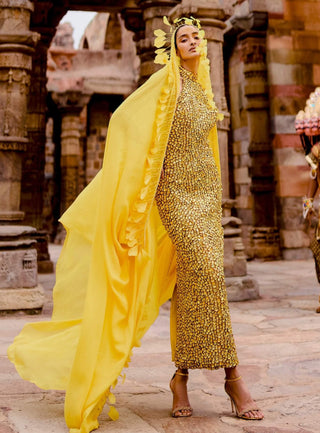 Sonee yellow stone gown and cape