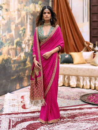 Pink and turquoise mayuri sari and blouse