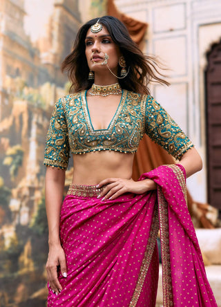 Pink and turquoise mayuri sari and blouse