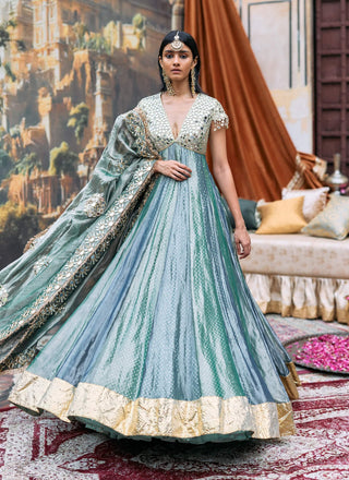 Teal blue and sea green tarangini anarkali and dupatta