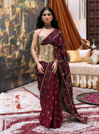 Maroon mekhala sari and corset set