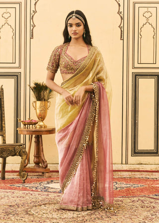 Yellow-pink zardosi mirror sari set