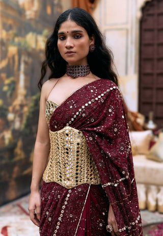 Maroon mekhala sari and corset set