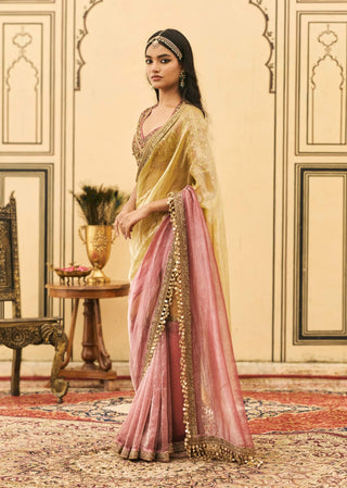 Yellow-pink zardosi mirror sari set