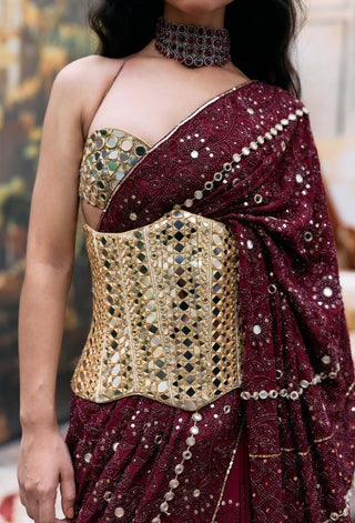 Maroon mekhala sari and corset set