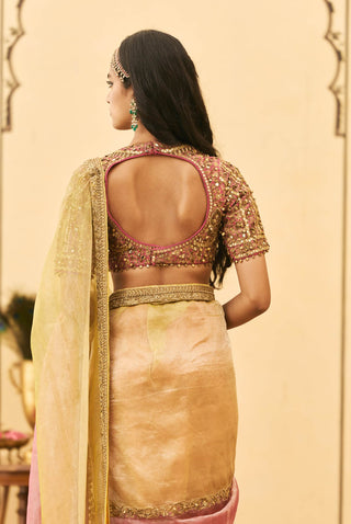 Yellow-pink zardosi mirror sari set