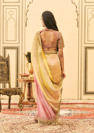 Yellow-pink zardosi mirror sari set