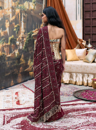 Maroon mekhala sari and corset set