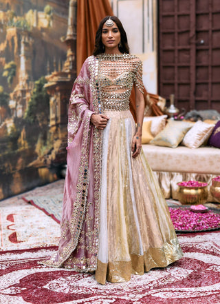Silver and green and gold swara lehenga set